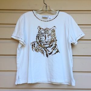 Vintage Tiger T shirt Top Beaded Sequin L Stretch